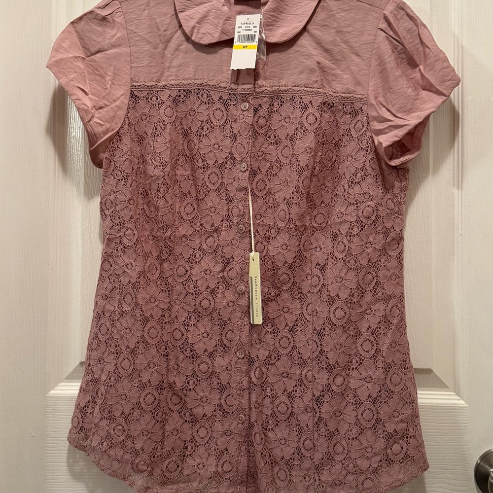 New Van Heusen Studio blush Pink lace Blouse small petite 74% cotton 26% nylon